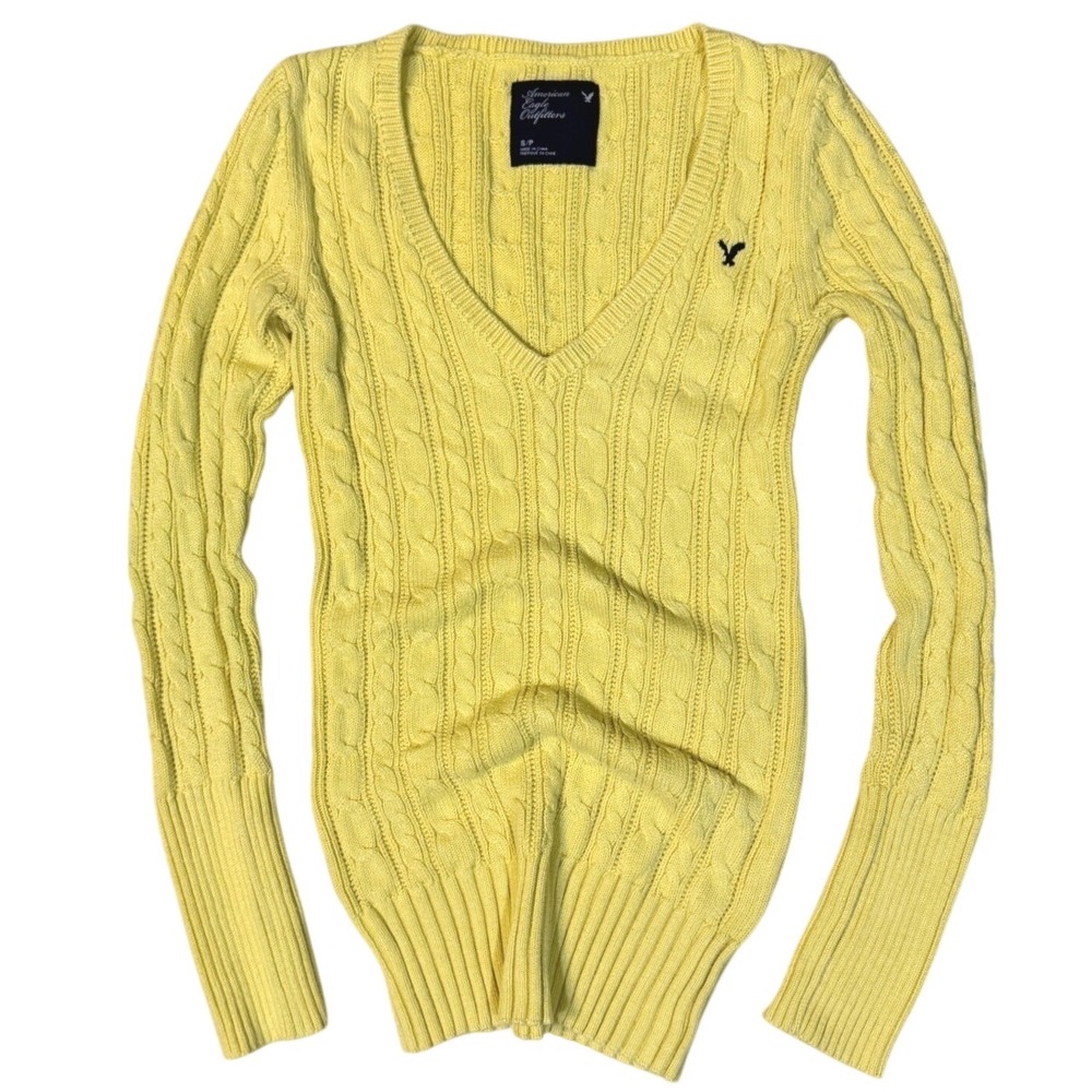 Y2K Cable Knit Sweater Vintage Small American Eagle Light Yellow preppy‎ v neck